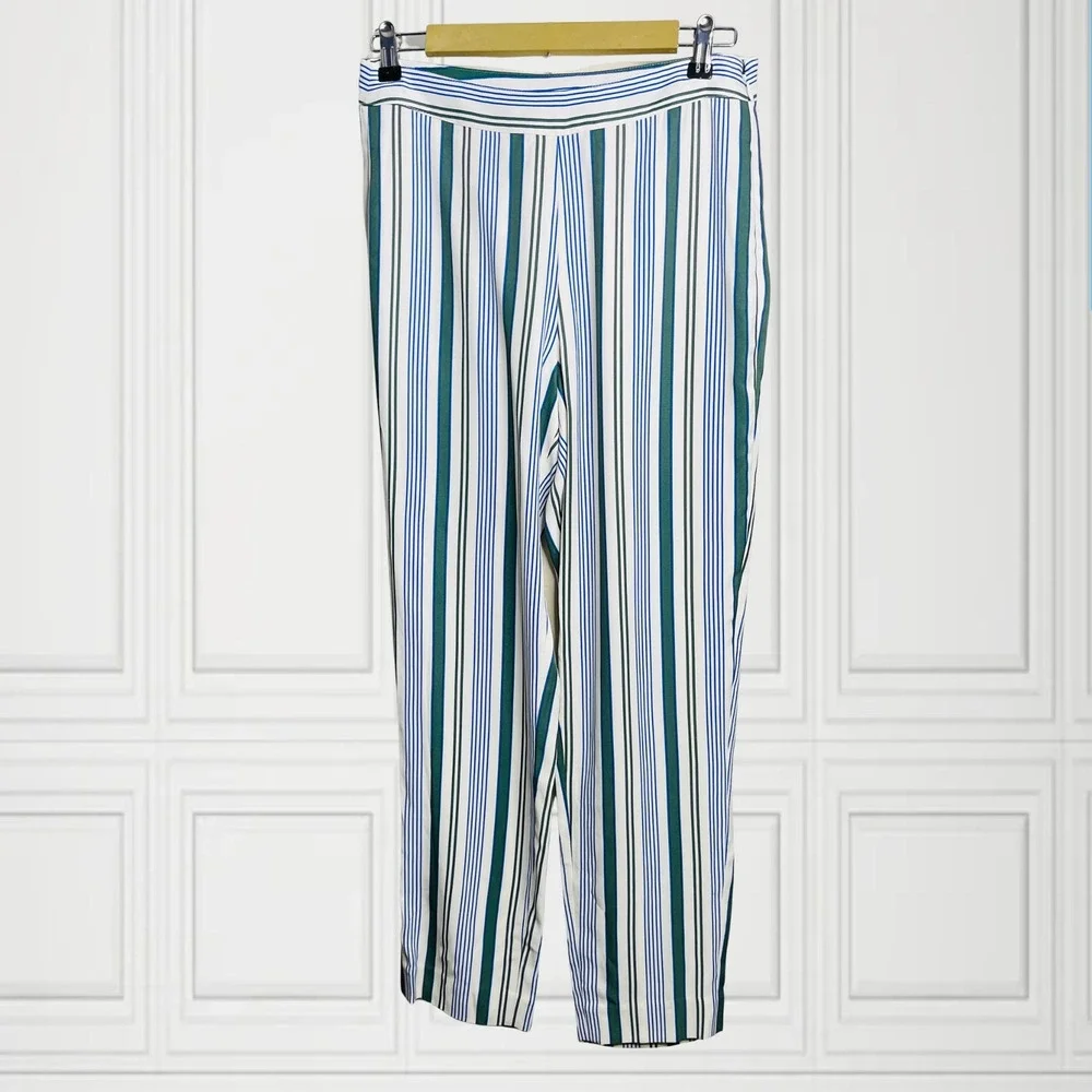 Tory Burch Green Blue Striped Side Zip Pants Straight Leg Trousers Size 4